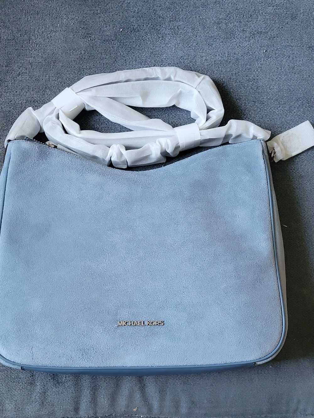 Michael Kors Light Blue Suede Shoulder Bag with Gold Logo